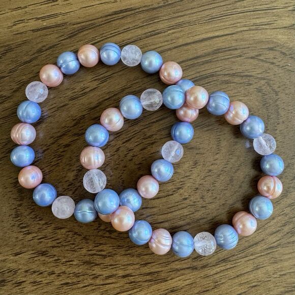 Honora 2 Freshwater Pearl Stretch Bracelets Set, Pink Blue & Faceted Rose Quartz - Picture 1 of 6